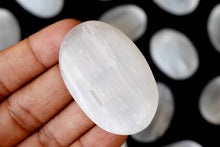 Load image into Gallery viewer, Palm Stone | Selenite | Thumb Crystal | Pocket Gemstone: Flat Back Side(Flat Stone)