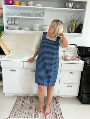 Linen Pinafore ( Japanese Apron): One Size ( US 14 and up or for oversized/loose look) / Navy stripe