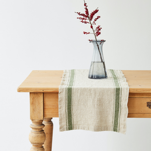 Green Stripe Vintage Linen Table Runner: 16"x59" | 40x150 cm