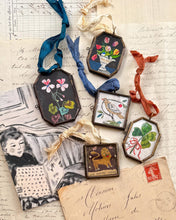 Load image into Gallery viewer, Cerise Folk Bird ~ Art Locket Ornament Vintage Handmade 