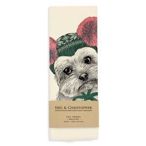 Yorkie with Pom Poms Tea Towel