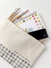 Load image into Gallery viewer, Canvas zipper pouch "make pretty things" gingham