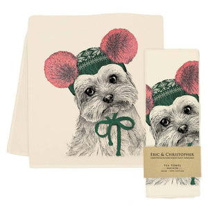 Yorkie with Pom Poms Tea Towel