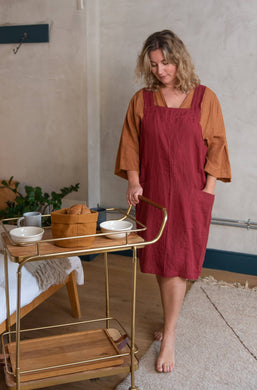 Linen Pinafore ( Japanese Apron): Wine / One Size ( US 14 and up or for oversized/loose look)