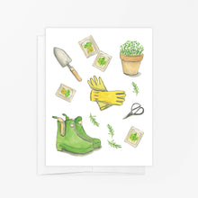 Load image into Gallery viewer, Greeting Card  -  Watercolor Illustation of Gardening Tools