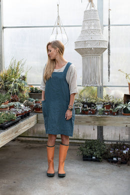 Linen Pinafore ( Japanese Apron): Ocean green / S/M ( up to US 12)