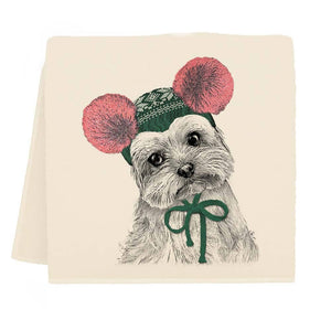 Yorkie with Pom Poms Tea Towel